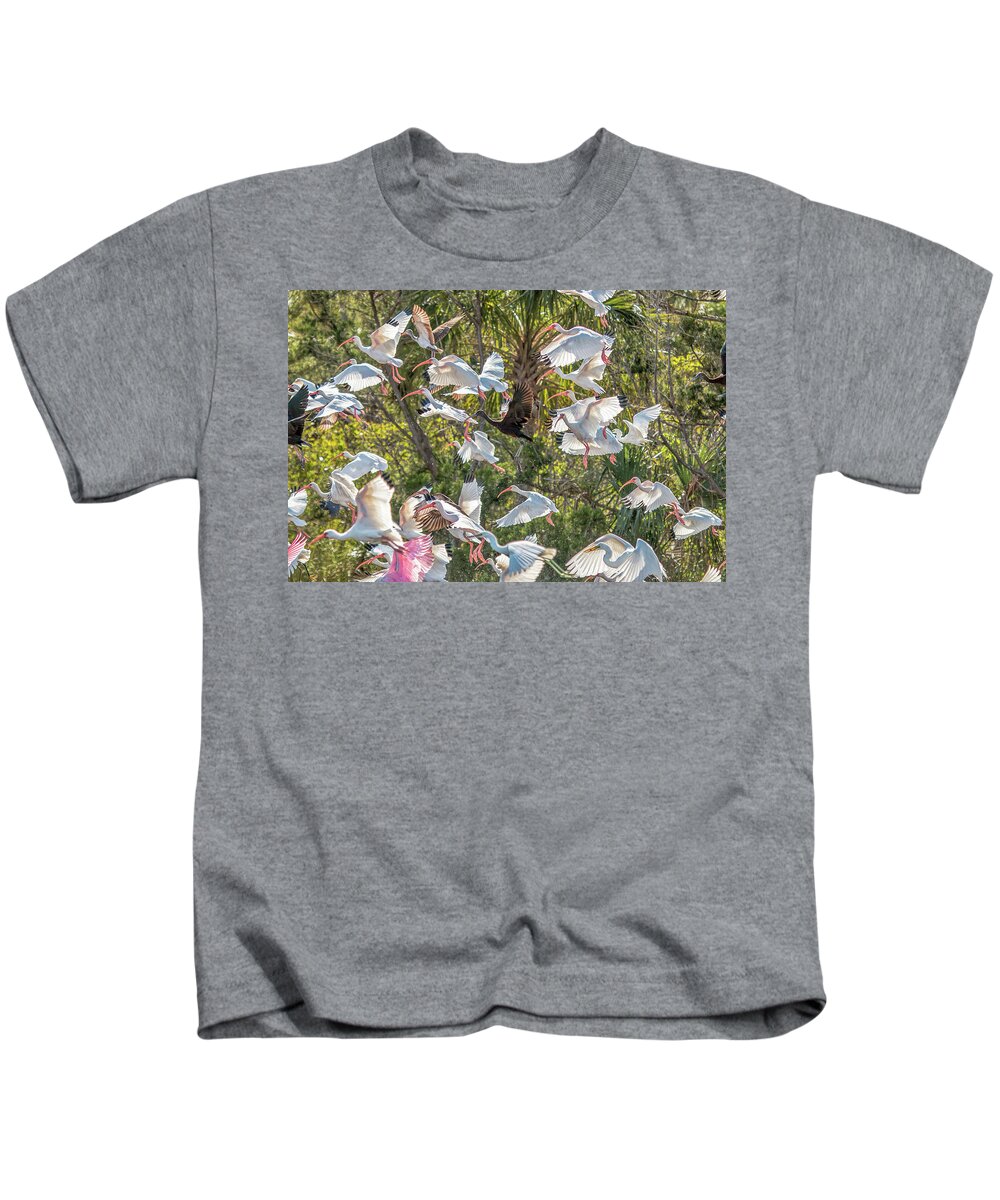 Egrets Kids T-Shirt featuring the photograph Flock of Mixed Birds Taking Off by Dorothy Cunningham