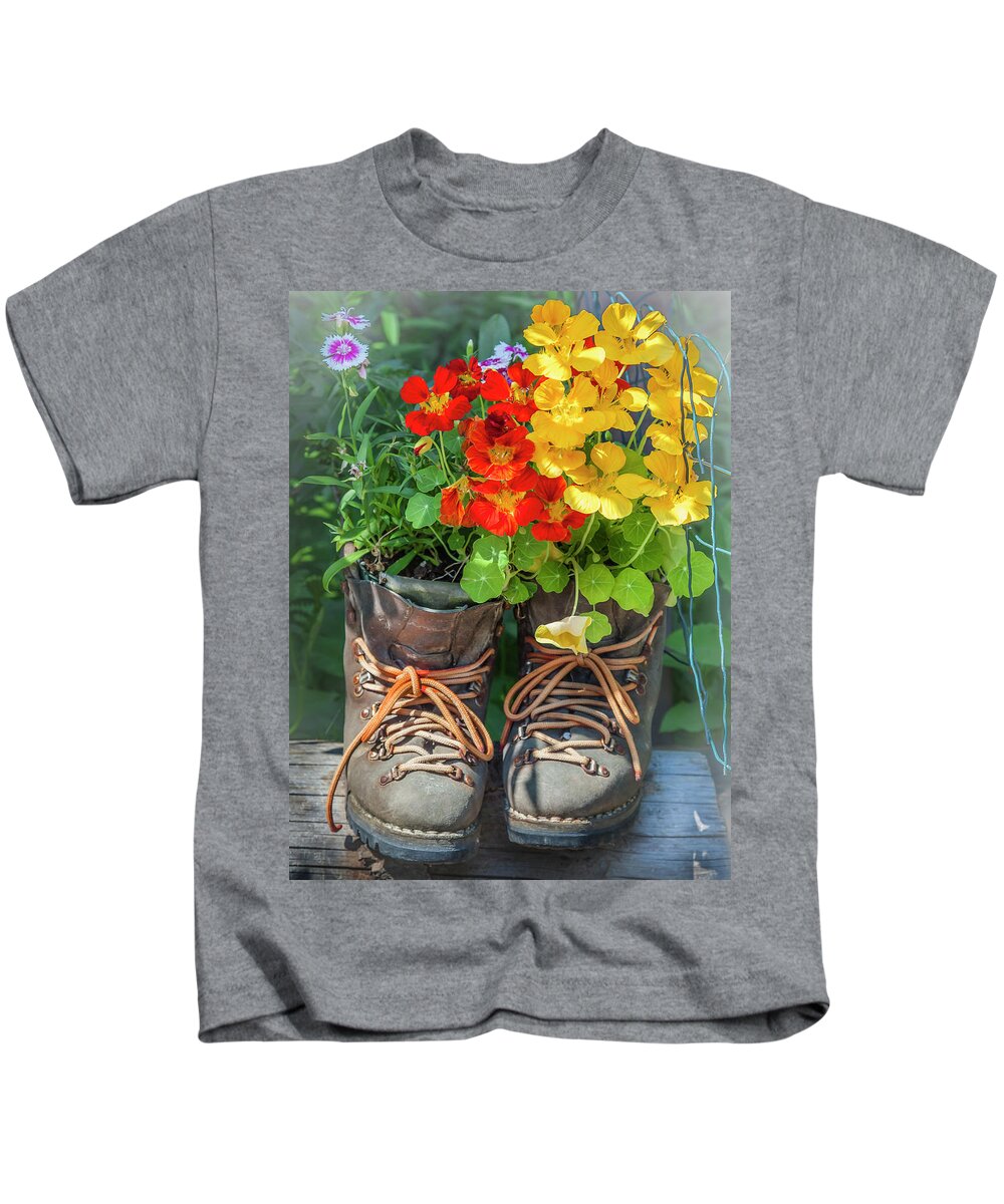 Markmilleart.com Kids T-Shirt featuring the photograph Flower Boots by Mark Mille