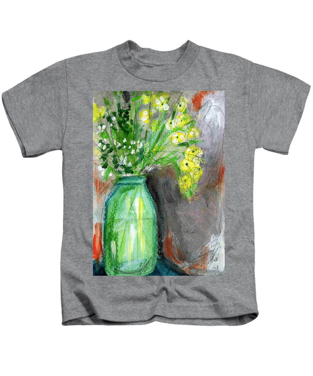 Flowers Kids T-Shirt featuring the painting Flowers In A Green Jar- Art by Linda Woods by Linda Woods