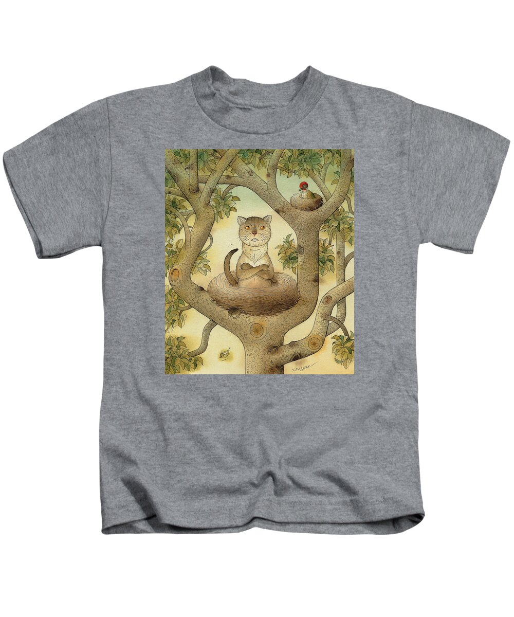 Tree Nest Cat Bird Landscape Sky Kids T-Shirt featuring the painting Flying cat by Kestutis Kasparavicius