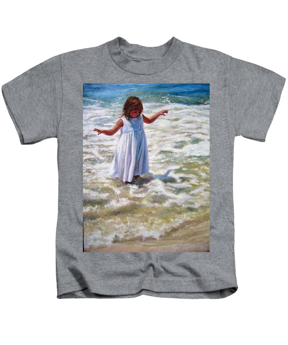 Children At Beach Kids T-Shirt featuring the painting Flying in the Surf by Marie Witte