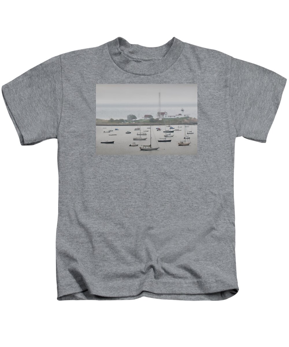 Newport Rhode Island Harbour Kids T-Shirt featuring the photograph Foggy Newport Harbour Lighthouse by Ginger Wakem