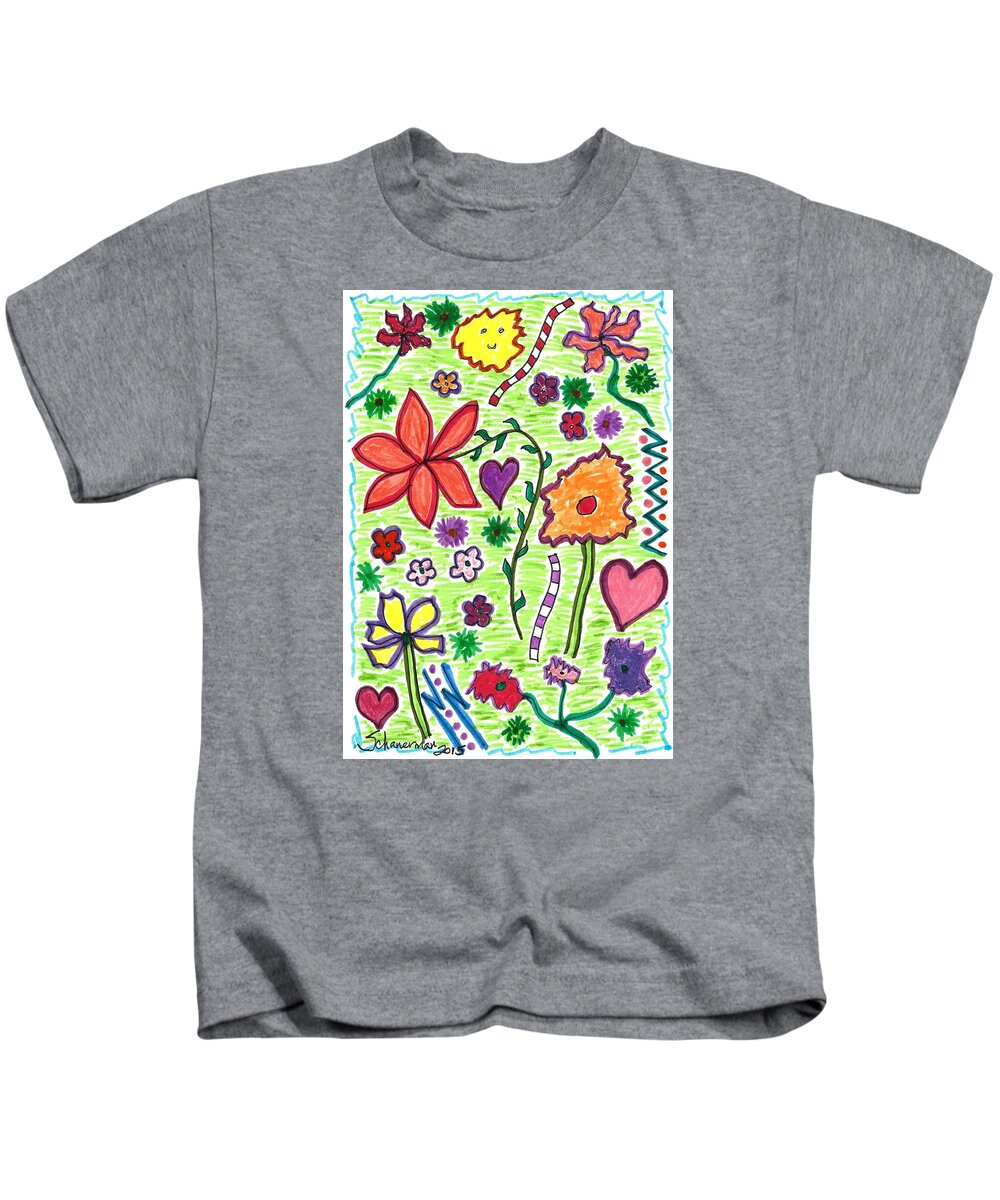 Drawing Kids T-Shirt featuring the drawing For the Love of Flowers by Susan Schanerman