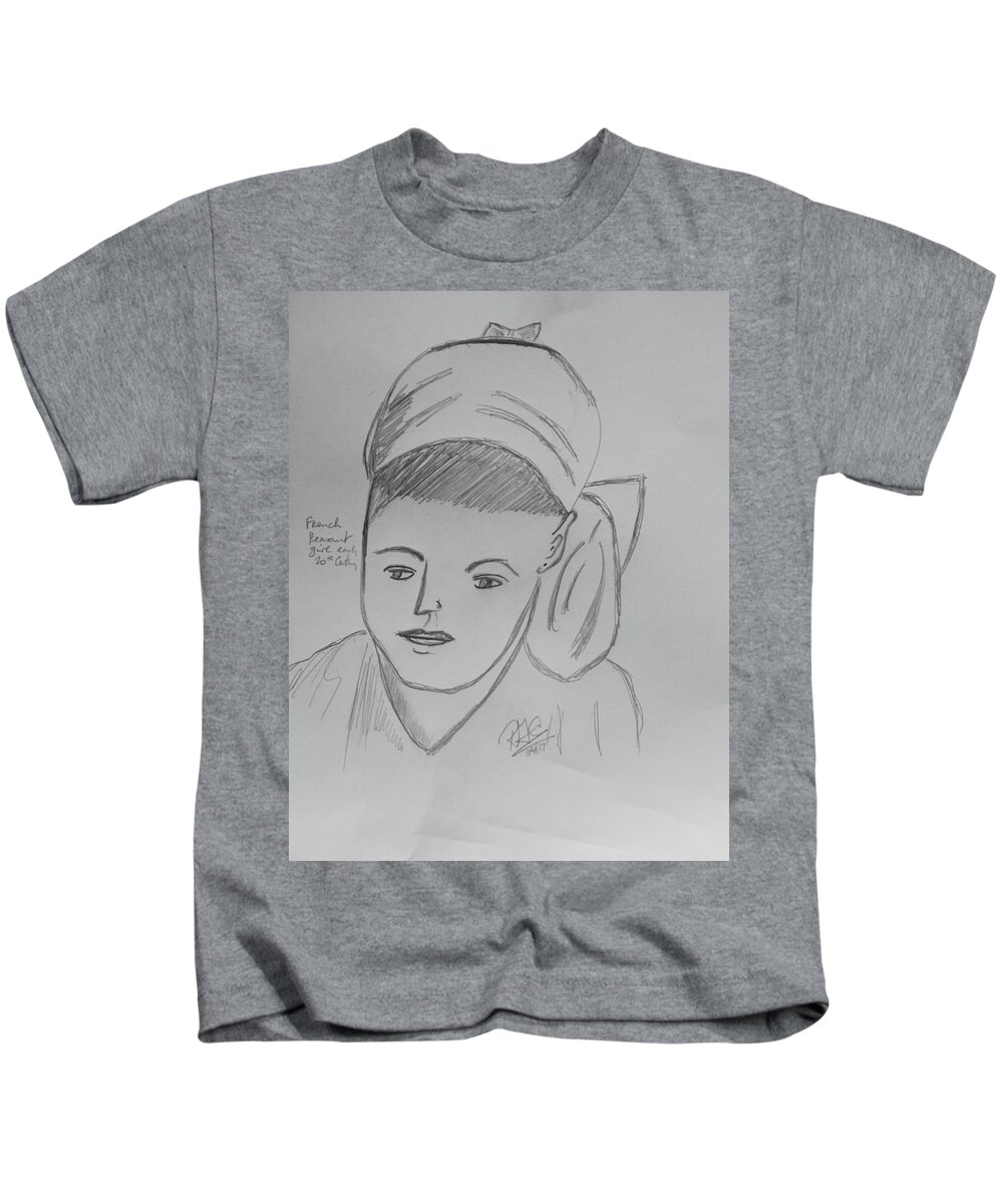 Drawing Kids T-Shirt featuring the drawing French Peasant Girl by Roger Cummiskey