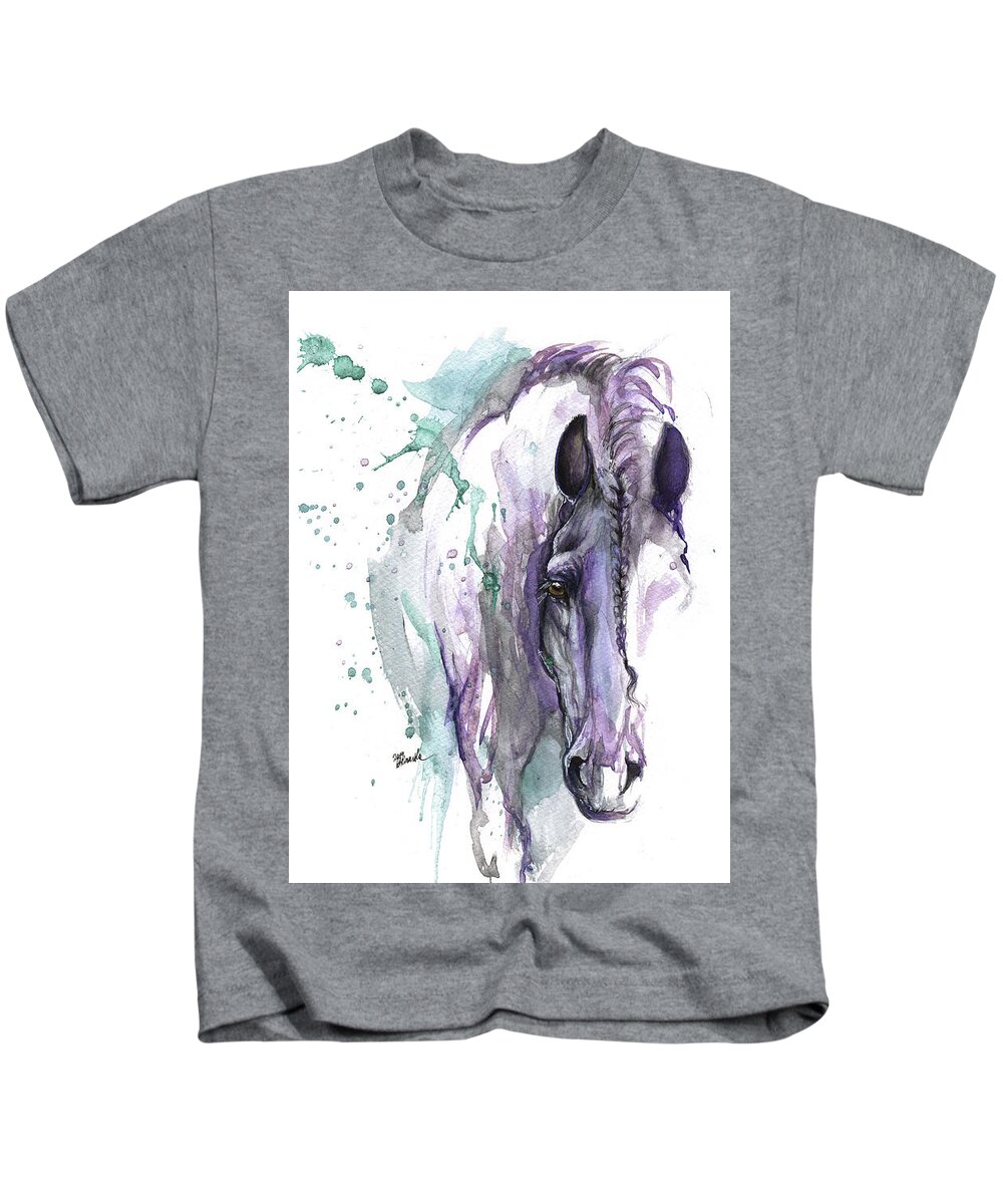 Horse Kids T-Shirt featuring the painting Friesian horse with braided mane by Ang El