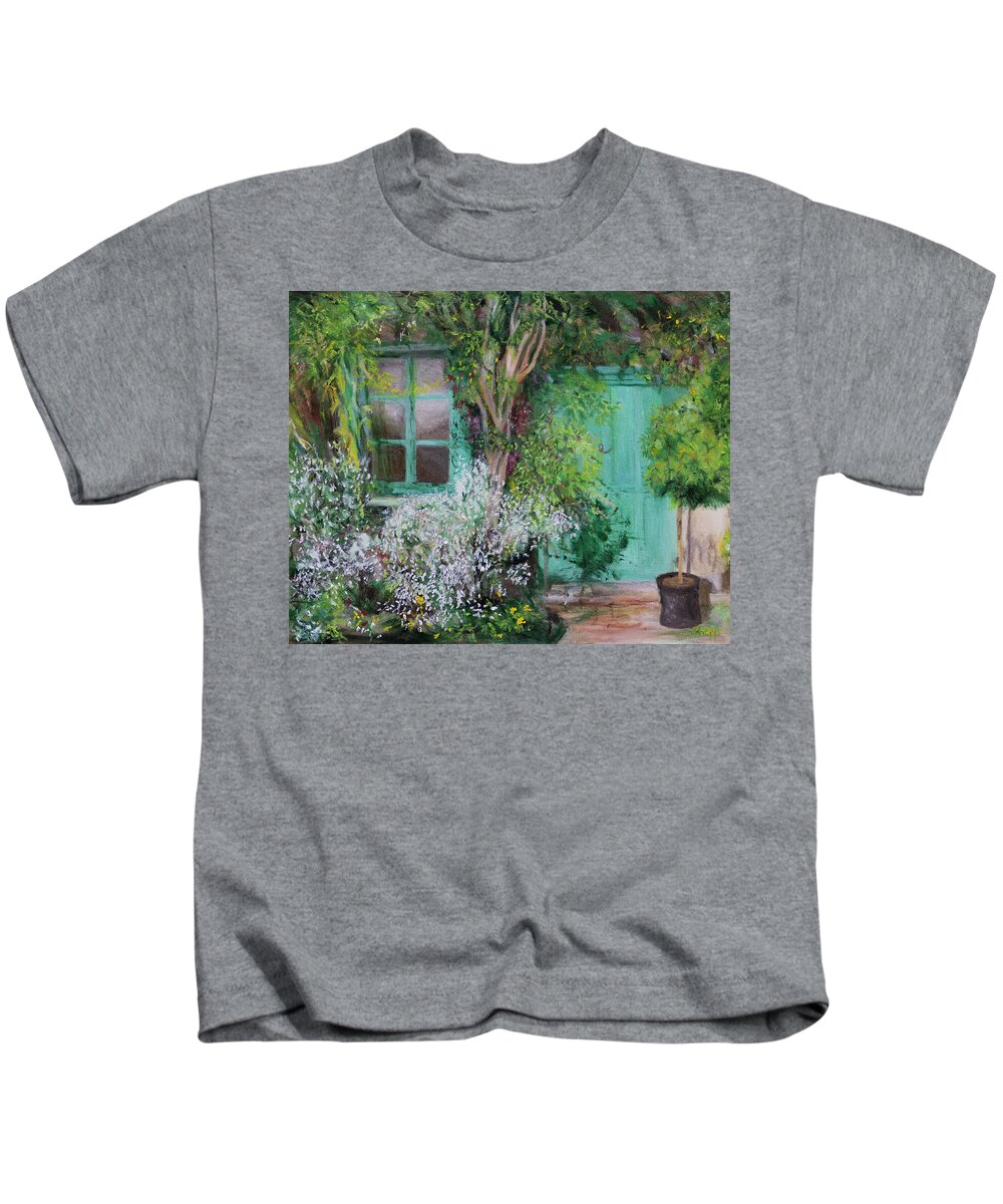 Door And Window By The Garden In Monet's House In Giverney Kids T-Shirt featuring the painting Front Door by Kathy Knopp