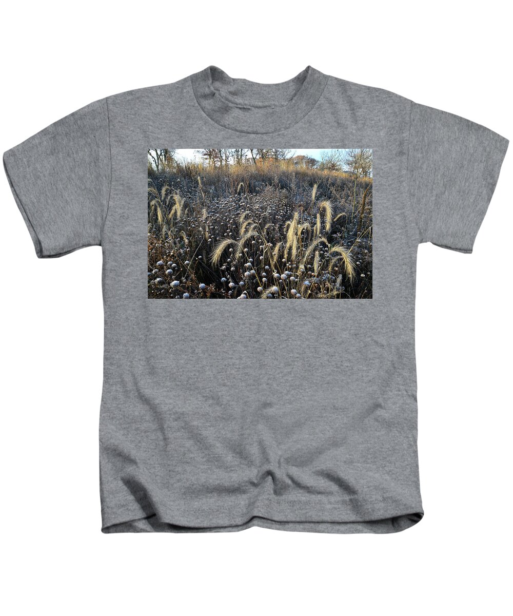 Glacial Park Kids T-Shirt featuring the photograph Frosted Foxtail Grasses in Glacial Park by Ray Mathis