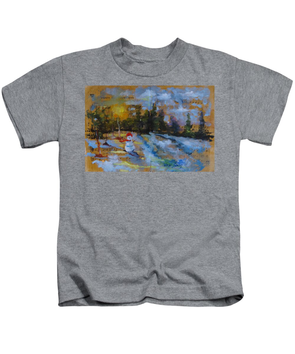 Oil On Shellacked Paper Kids T-Shirt featuring the painting Frosty the Snow Man by Carol Berning