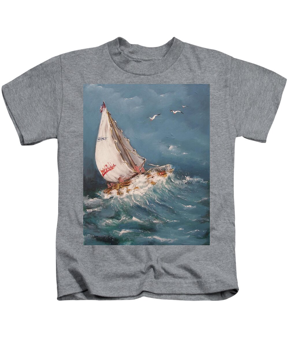 Fun Time Sailing Wave Water Ocean Ship Seagulls Tide Impression Emotion Scare Danger Flag Clouds Evening Sail Boat Print Acrylic On Canvas Painting Blue White Sailors Kids T-Shirt featuring the painting Fun Time by Miroslaw Chelchowski
