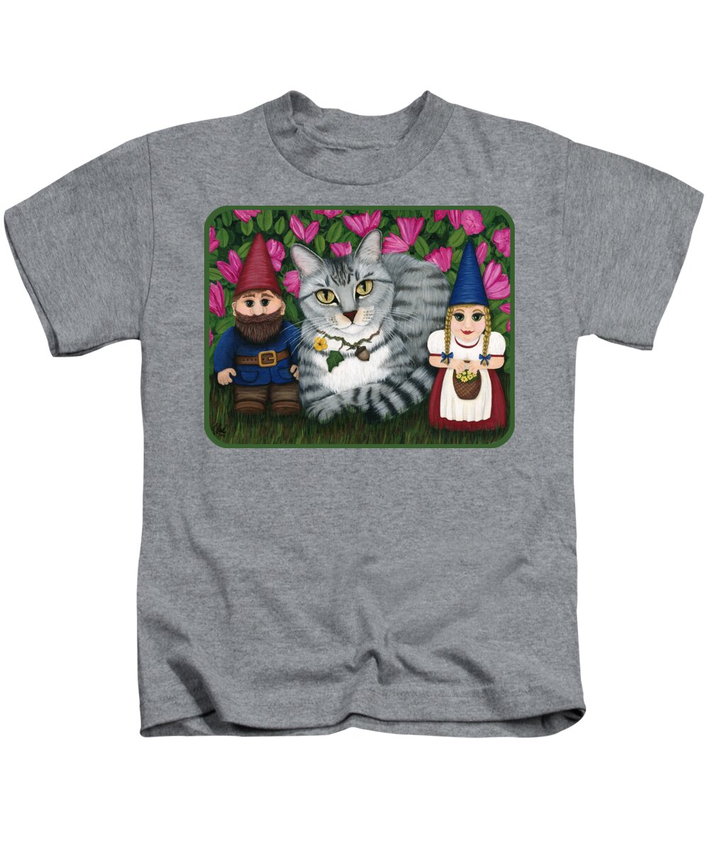 Silver Tabby Cat Kids T-Shirt featuring the painting Garden Friends - Tabby Cat and Gnomes by Carrie Hawks