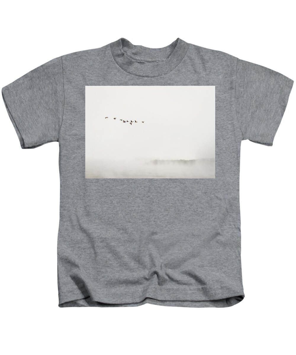 Cave Run Lake Kids T-Shirt featuring the photograph Geese In The Fog by Randall Evans