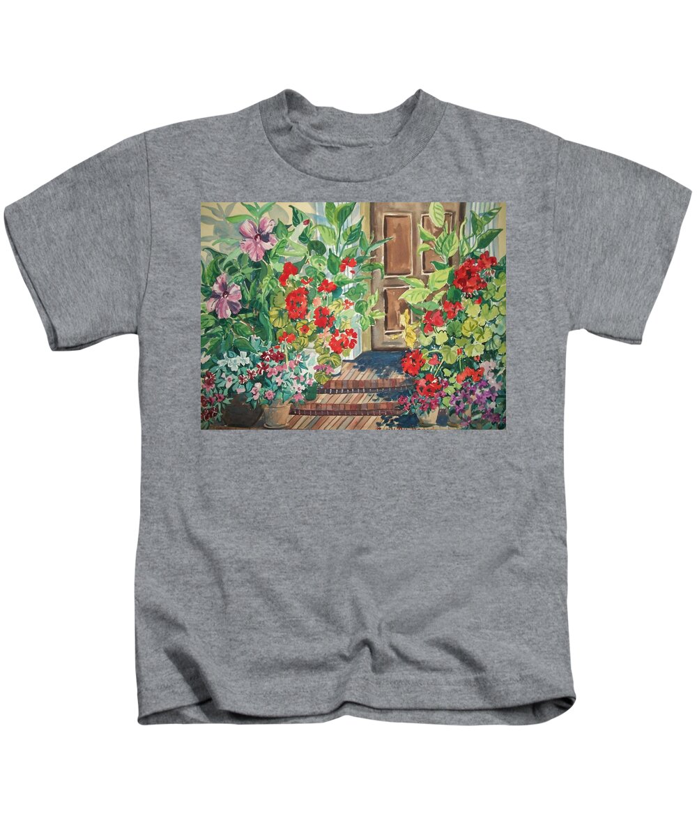 Flowers Kids T-Shirt featuring the painting Geraniums on doorstep by Judith Young
