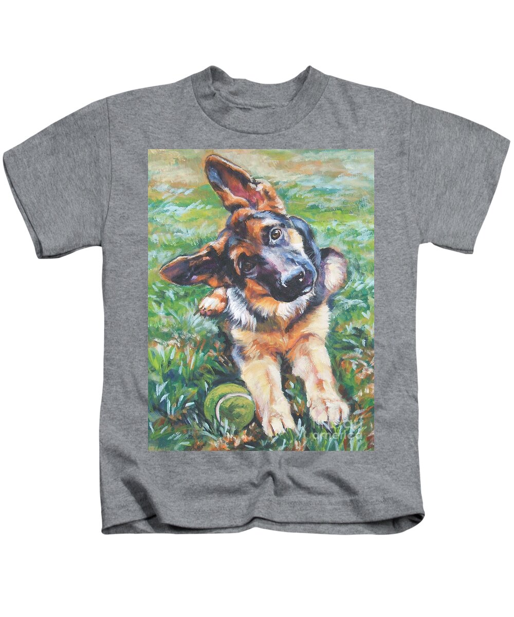 Dog Kids T-Shirt featuring the painting German shepherd pup with ball by Lee Ann Shepard