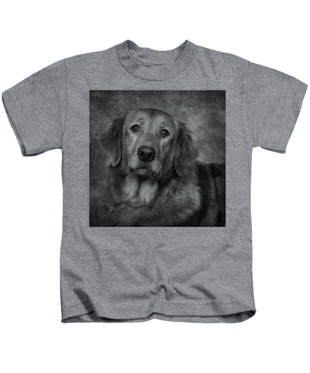 Dog Kids T-Shirt featuring the photograph Golden Retriever In Black and White by Greg and Chrystal Mimbs