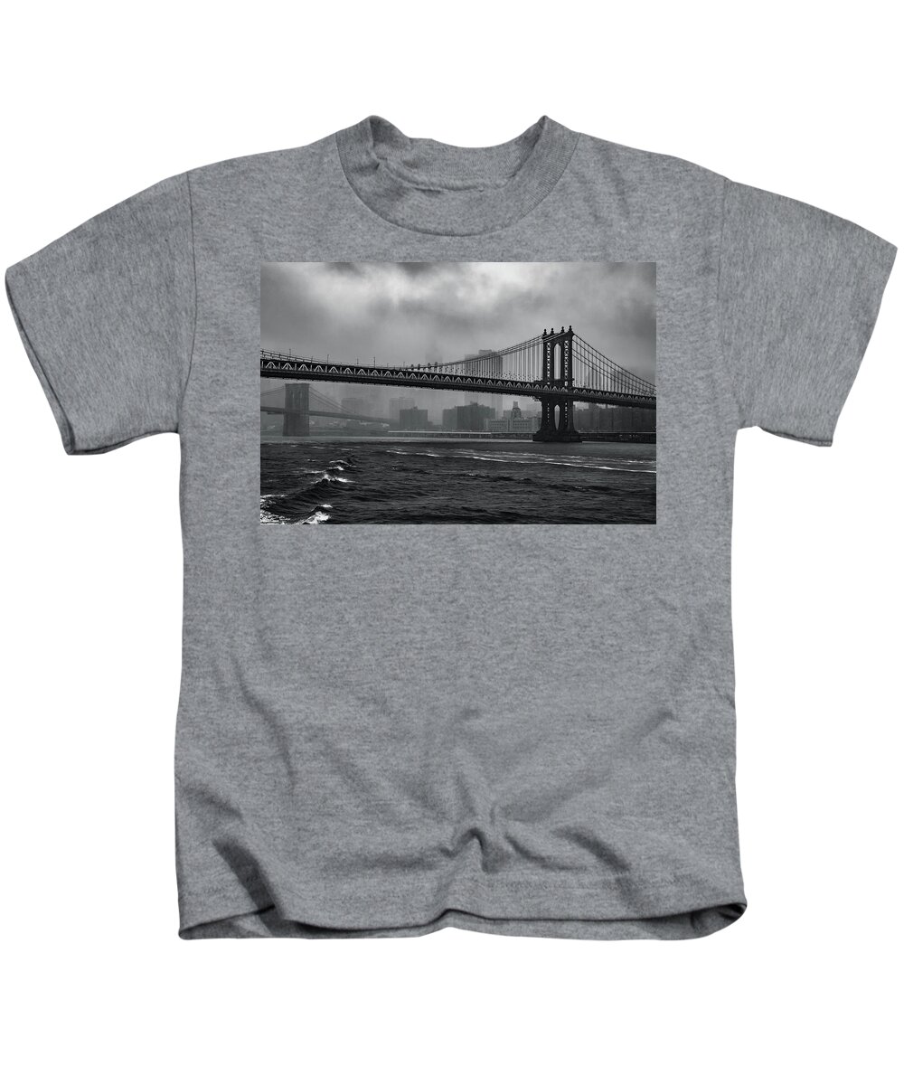 New York City Kids T-Shirt featuring the photograph Manhattan Bridge in a Storm by Adam Reinhart