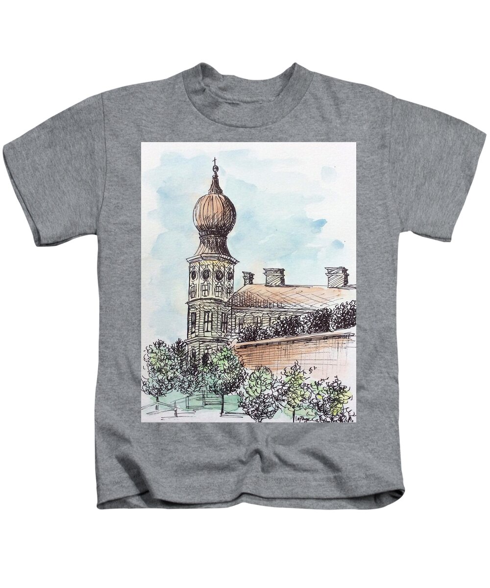 Danube Kids T-Shirt featuring the painting Gottweig Abbey, Austria by Emily Page