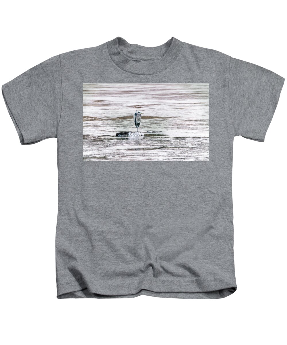 Great Blue Heron Kids T-Shirt featuring the photograph Great Blue Heron on a frozen lake by Patrick Wolf