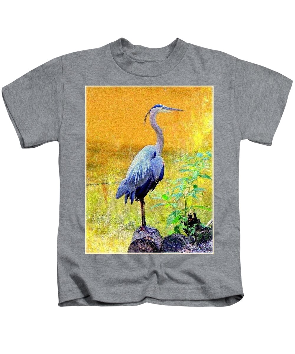Great Blue Heron Kids T-Shirt featuring the mixed media Great Blue by YoMamaBird Rhonda