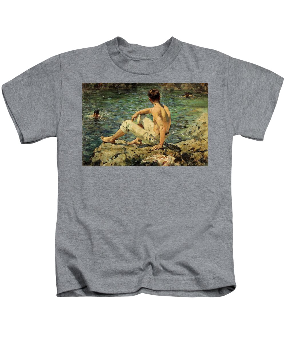 Green And Gold Kids T-Shirt featuring the painting Green and Gold by Henry Scott Tuke