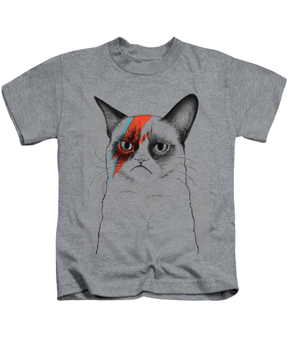Grumpy Cat Kids T-Shirt featuring the drawing Grumpy Cat as David Bowie by Olga Shvartsur