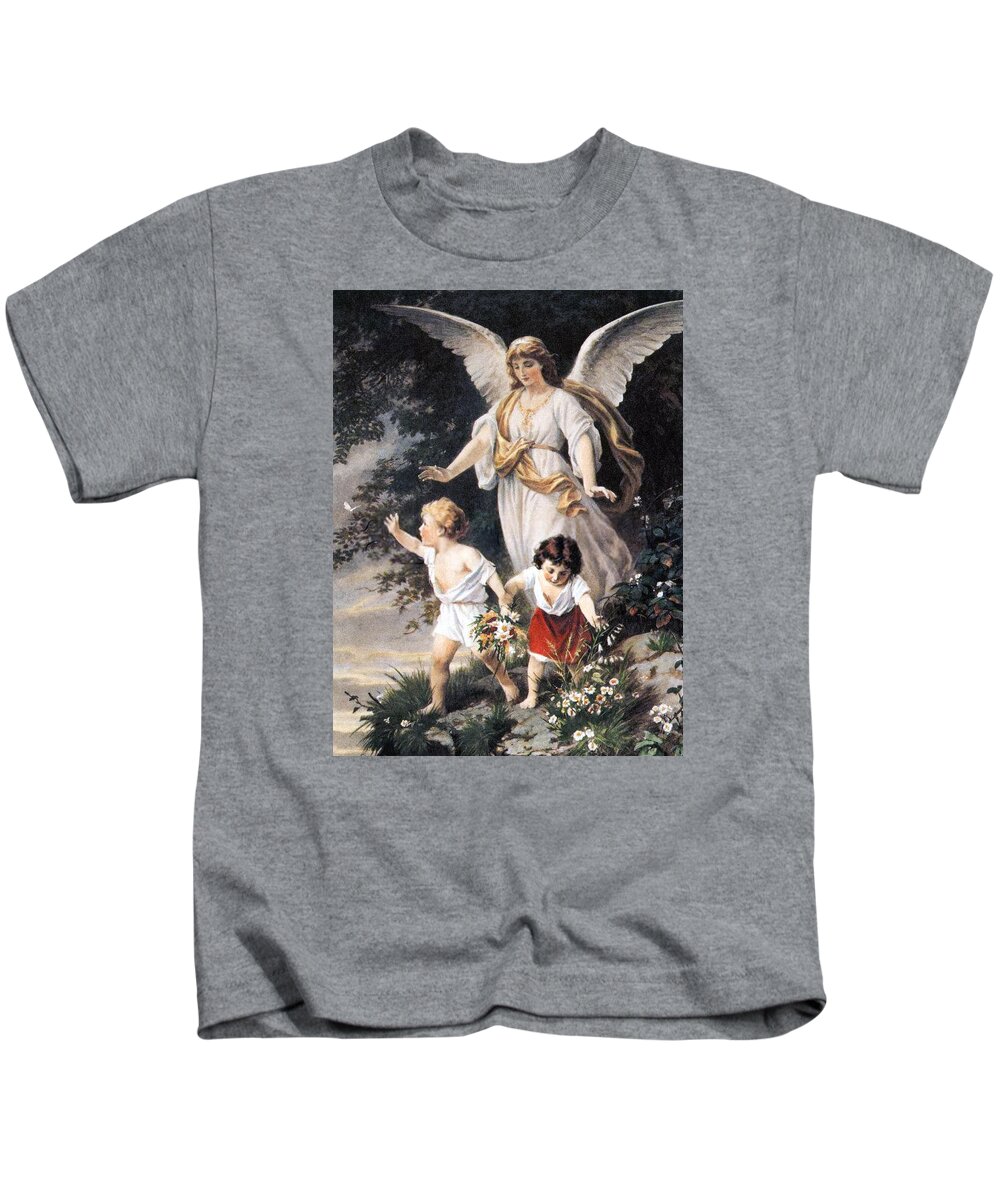 Old Masters Kids T-Shirt featuring the painting Guardian Angel by Bernhard Plockhorst