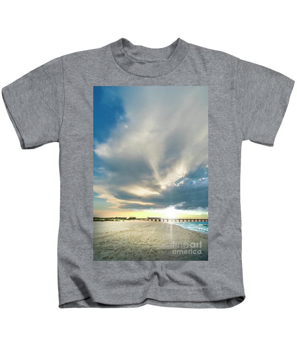 Al Kids T-Shirt featuring the photograph Gulf Shores AL Pier Seascape Sunrise 152A by Ricardos Creations