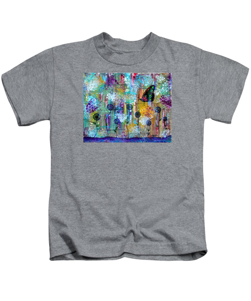 Butterfly Kids T-Shirt featuring the painting Happy Times Abstract with butterfly by Manjiri Kanvinde