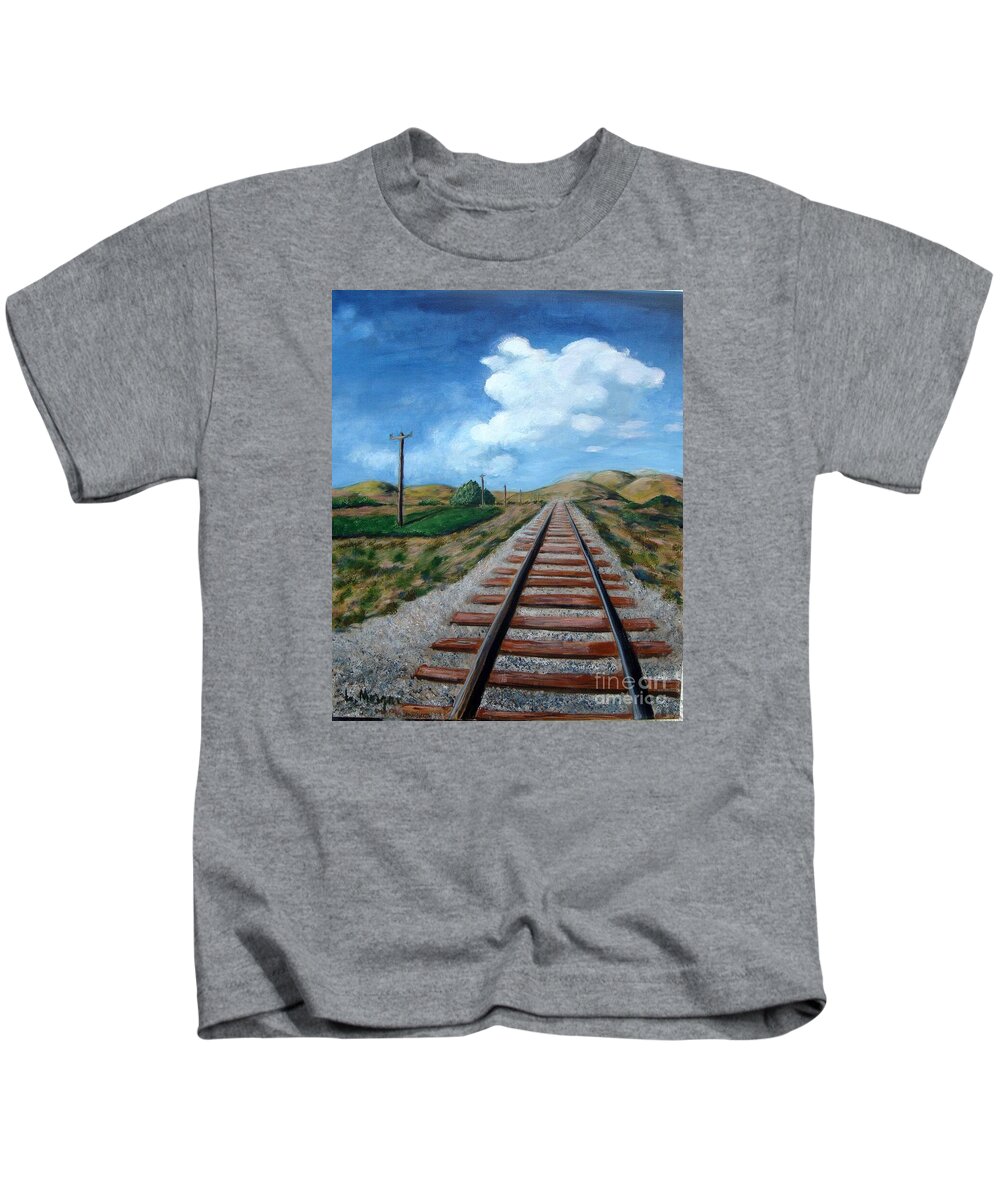 Railroad Tracks Kids T-Shirt featuring the painting Heading in the Right Direction by Laurie Morgan