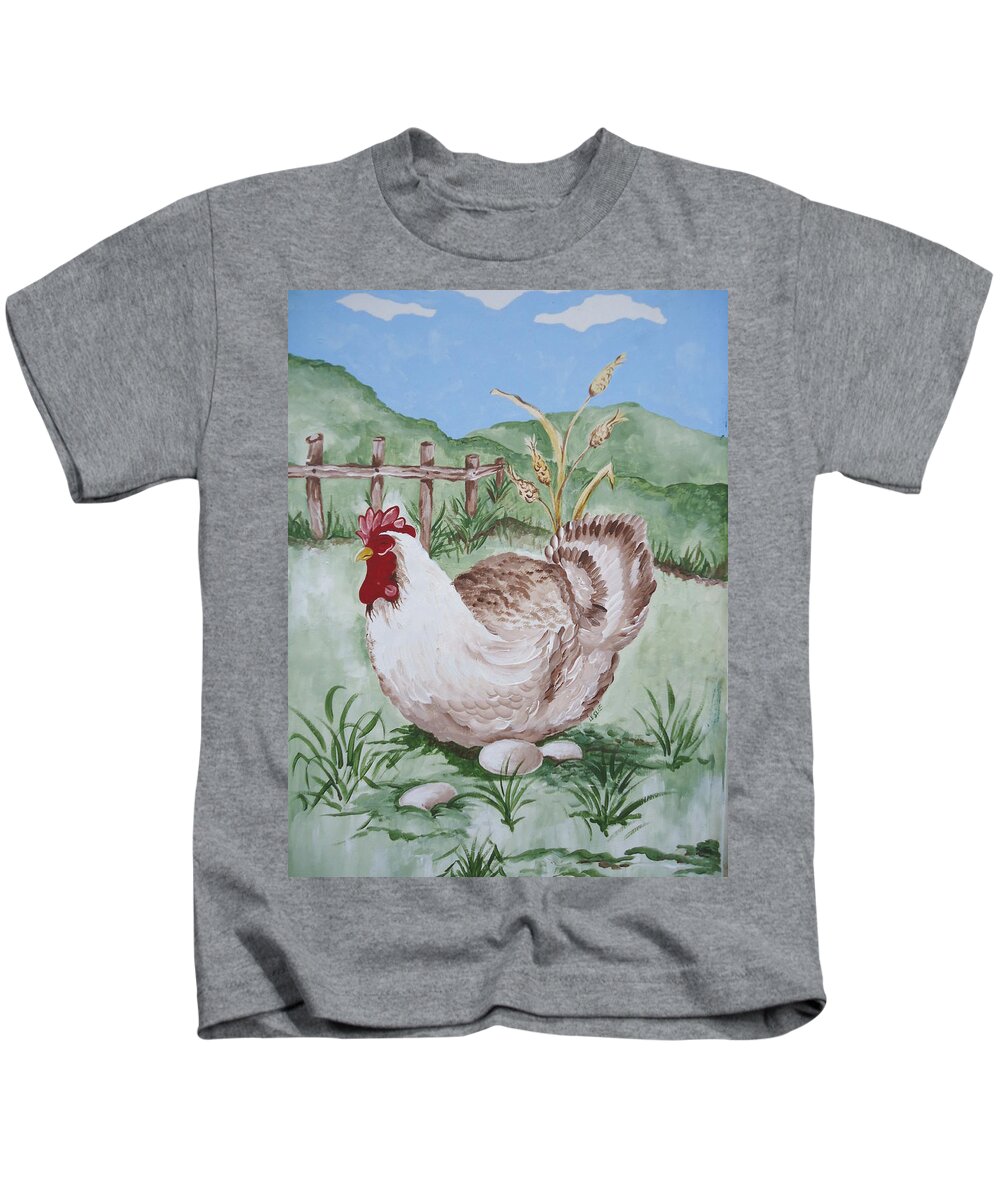 Hen Kids T-Shirt featuring the painting Hen and Eggs by Leslie Manley