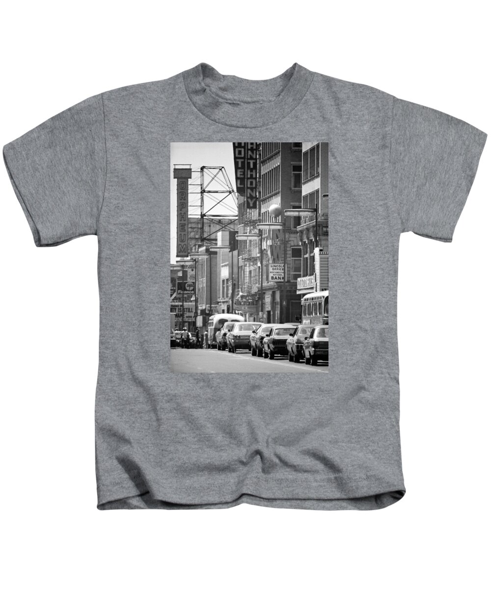 Book Work Kids T-Shirt featuring the photograph Hennepin and the Orpheum by Mike Evangelist