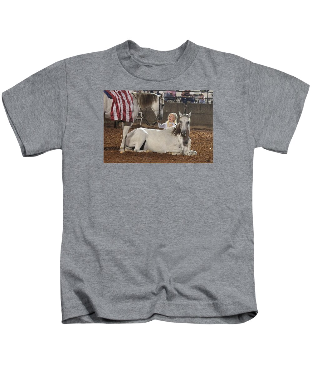 Horse Kids T-Shirt featuring the photograph Horses and girl by Dwight Cook