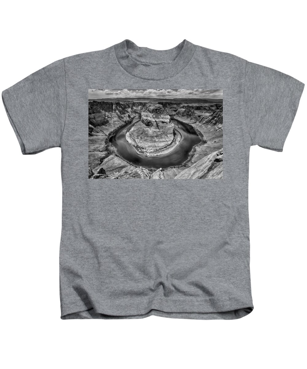 Horseshoe Bend Kids T-Shirt featuring the photograph Horseshoe Bend Grand Canyon In Black And White by Garry Gay