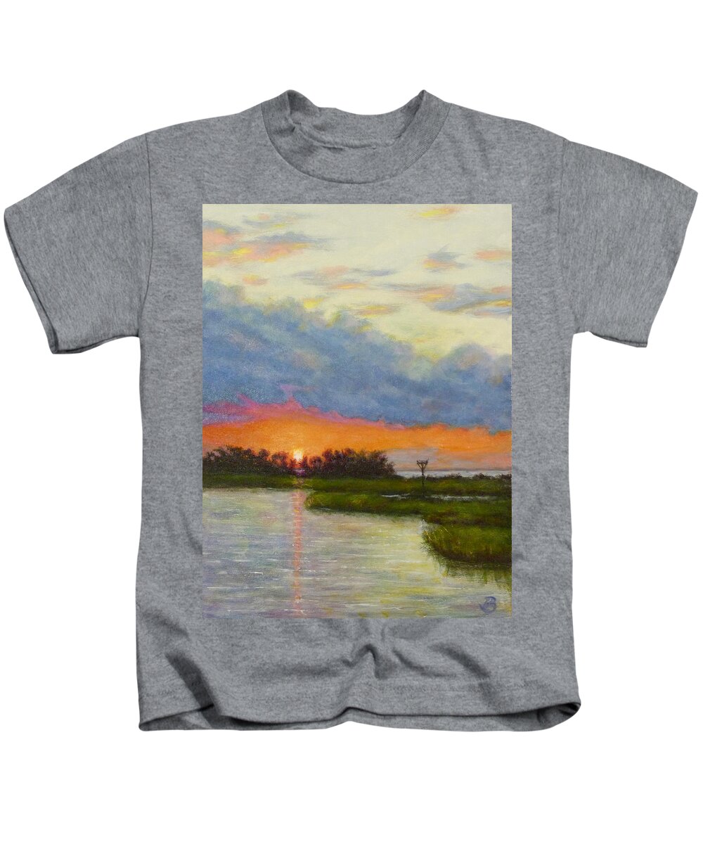 Sandy Hook Kids T-Shirt featuring the painting Horseshoe Cove Sunset by Joe Bergholm