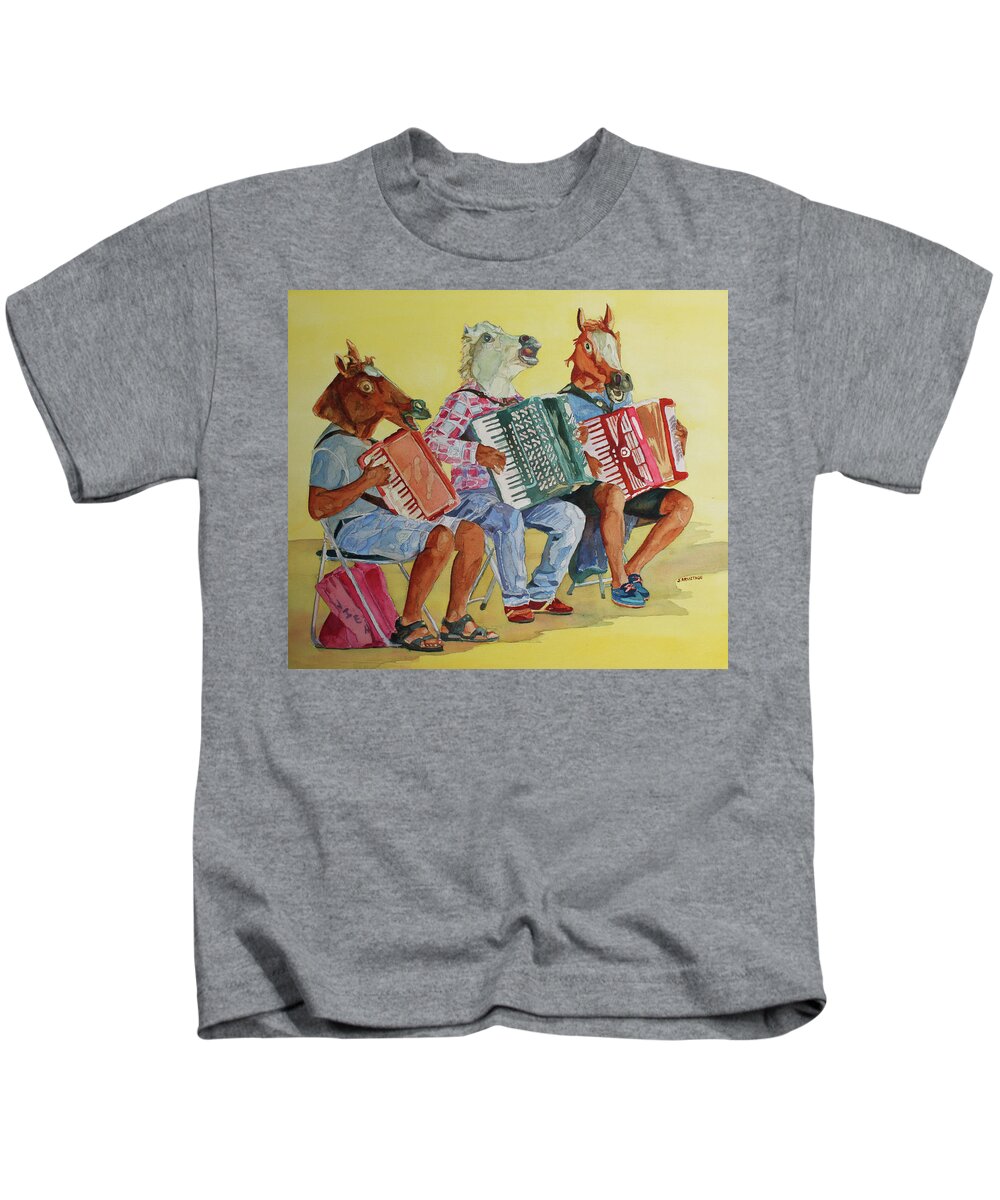 Accordions Kids T-Shirt featuring the painting Horsing Around With Accordions by Jenny Armitage