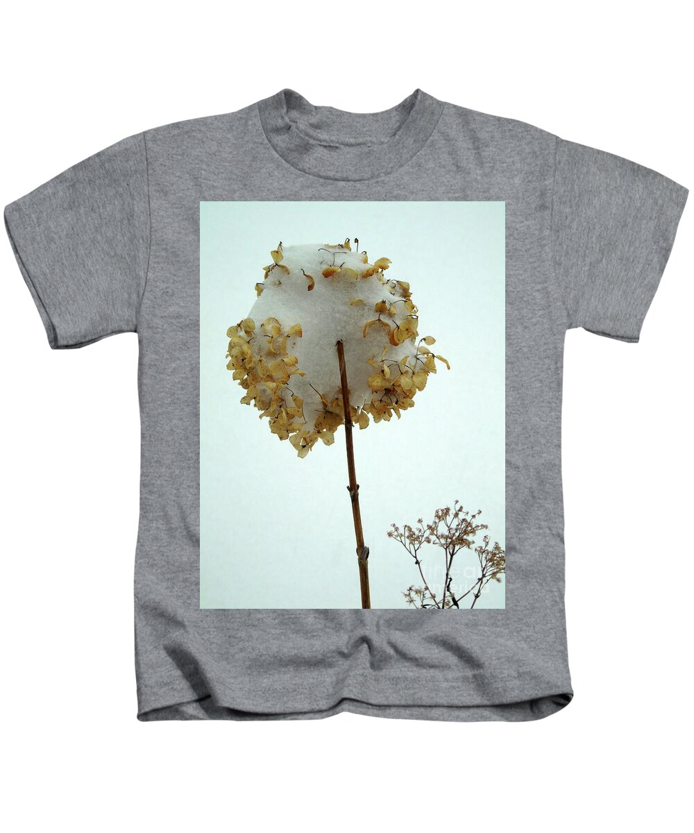 Snowy Kids T-Shirt featuring the photograph Hydrangea Blossom in Snow by Susan Lafleur