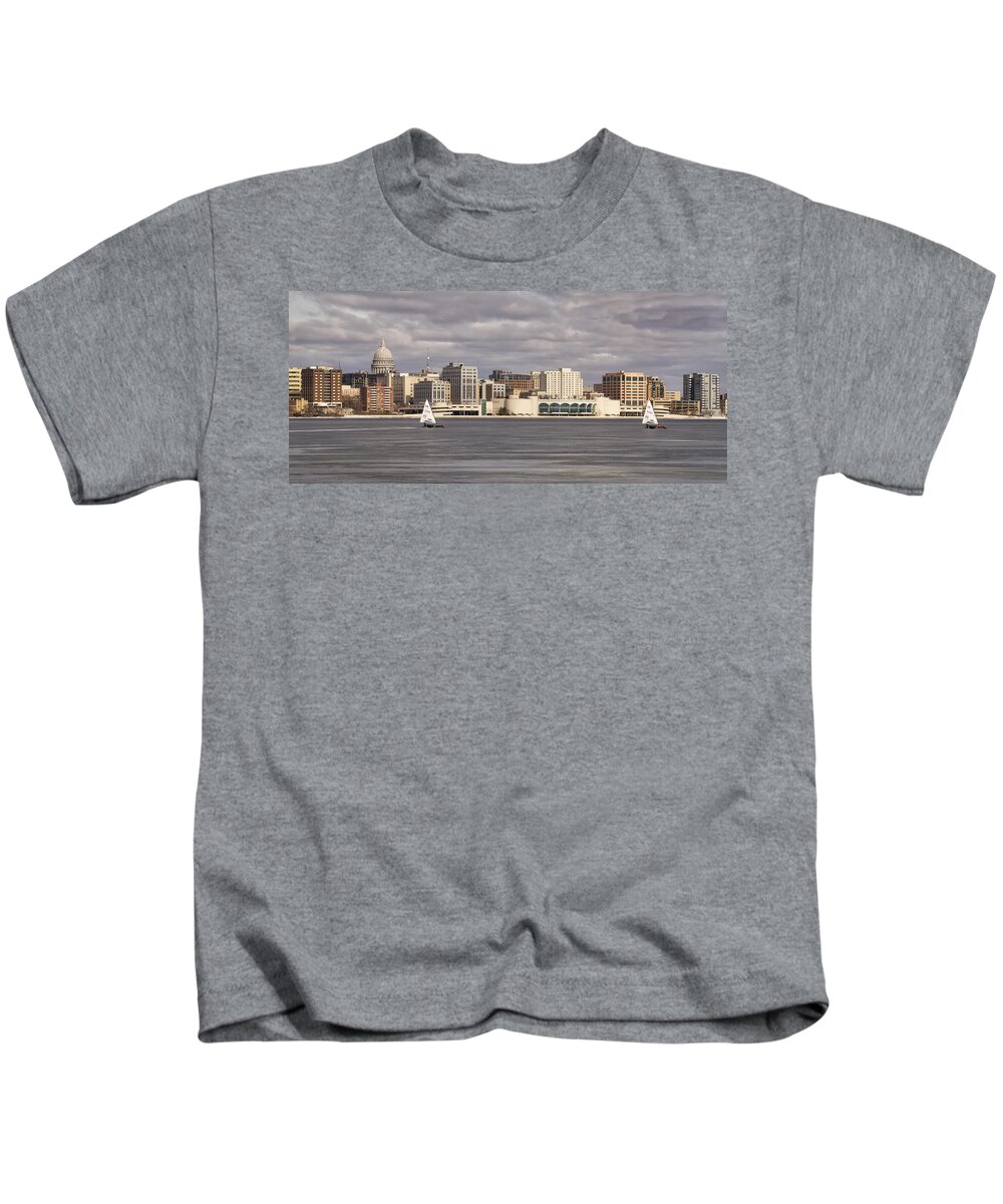 Ice Boats Kids T-Shirt featuring the photograph Ice Sailing - Lake Monona - Madison - Wisconsin by Steven Ralser