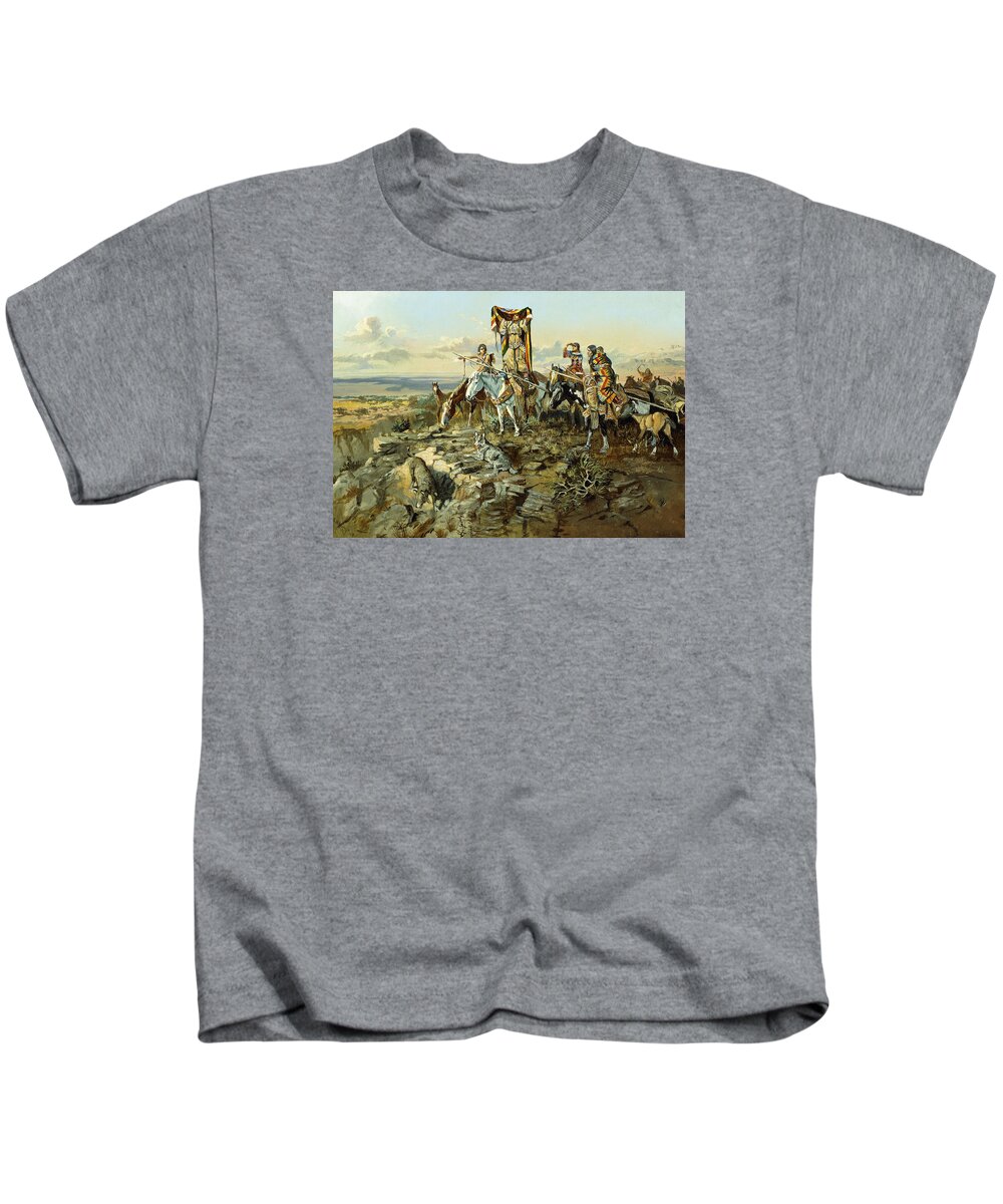 Hunt Kids T-Shirt featuring the painting In the Wake of the Hunters by Charles Marion Russell