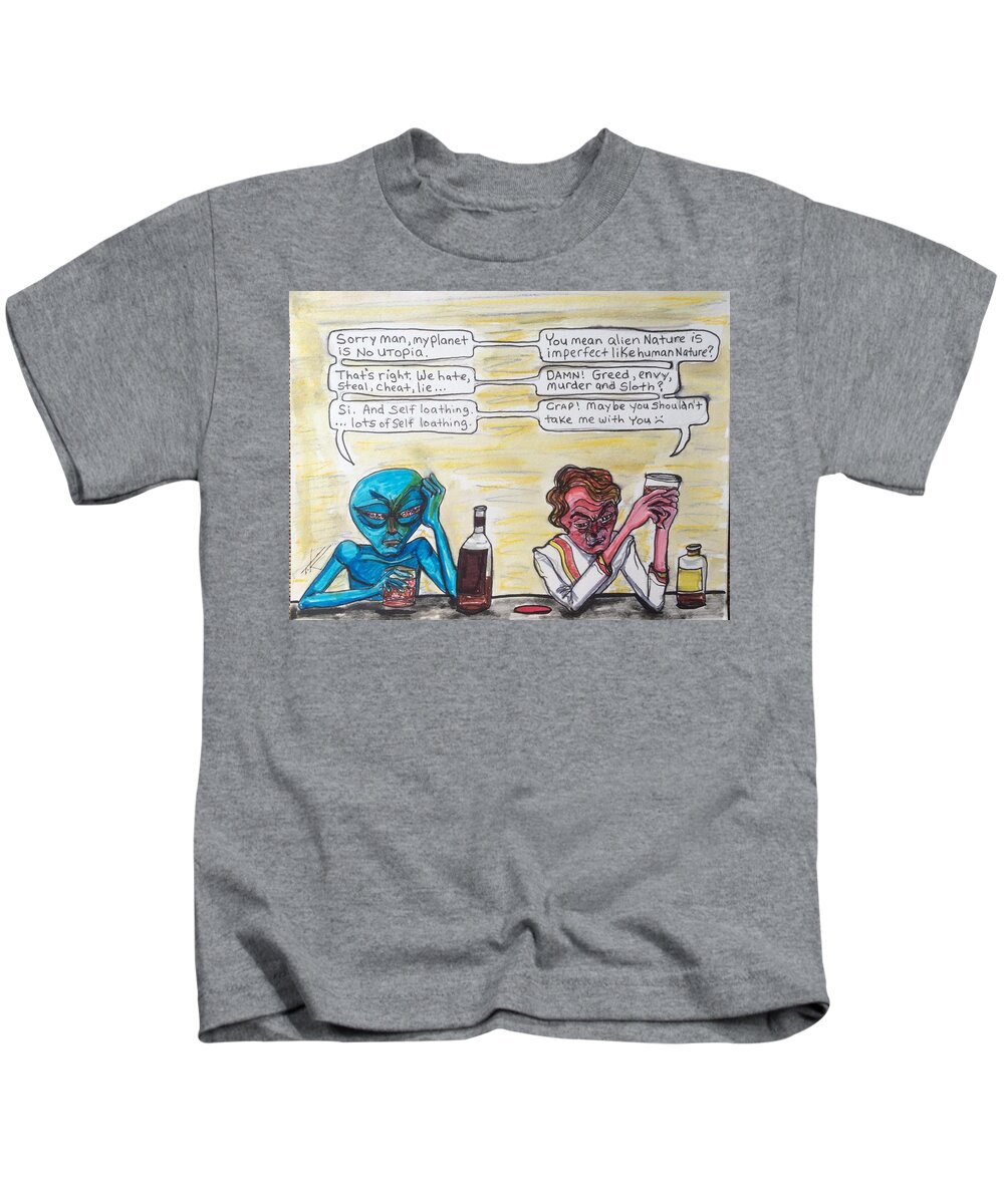 Reality Check Kids T-Shirt featuring the drawing Intergalactic reality check by Similar Alien