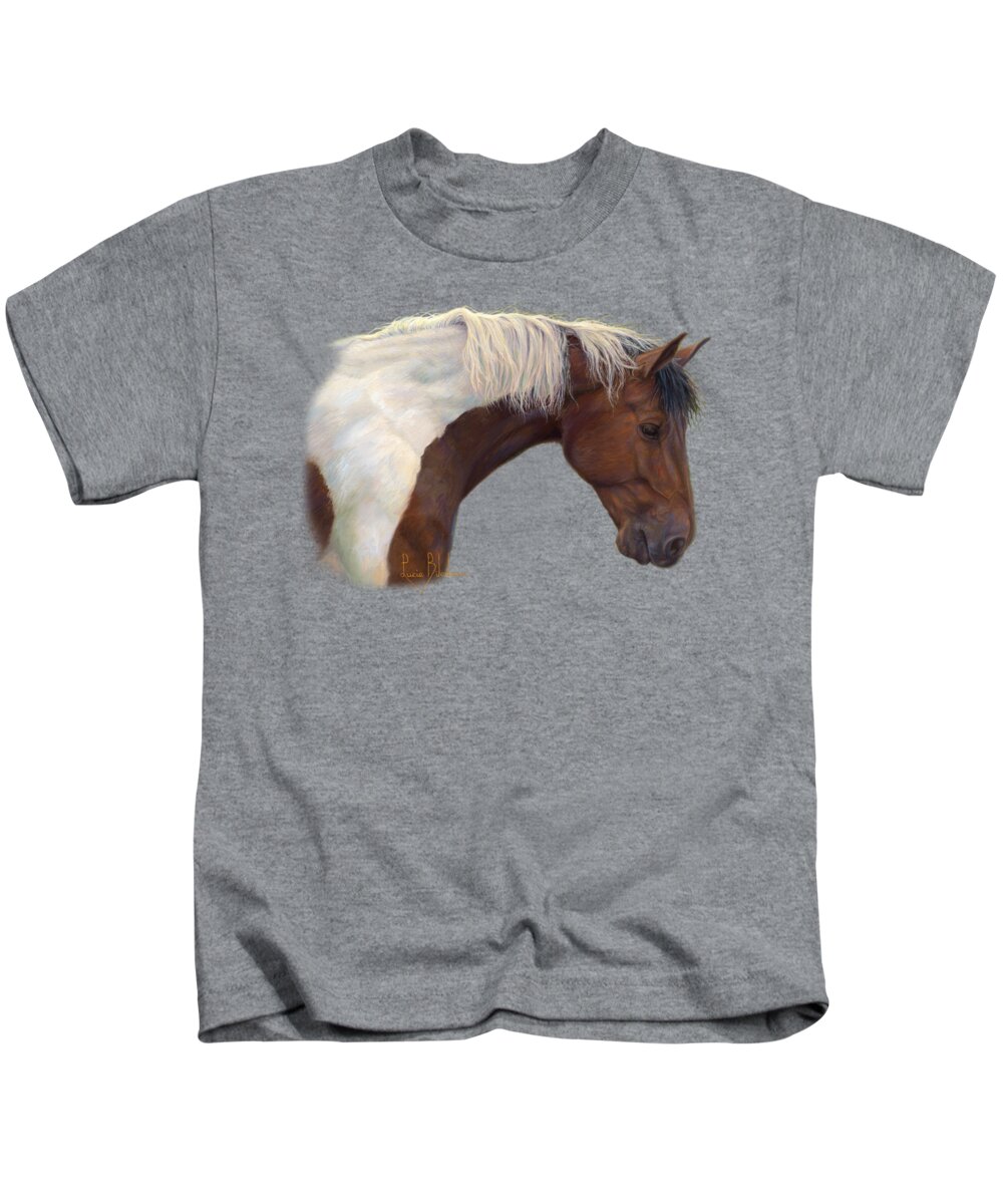 Horse Kids T-Shirt featuring the painting Intrigued by Lucie Bilodeau