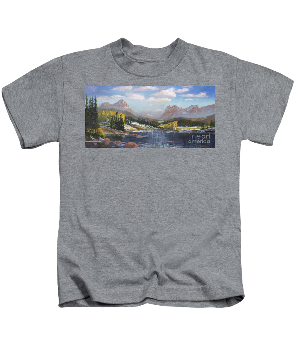 Rocky Mountain National Park Kids T-Shirt featuring the painting Introducing Winter by Heather Coen