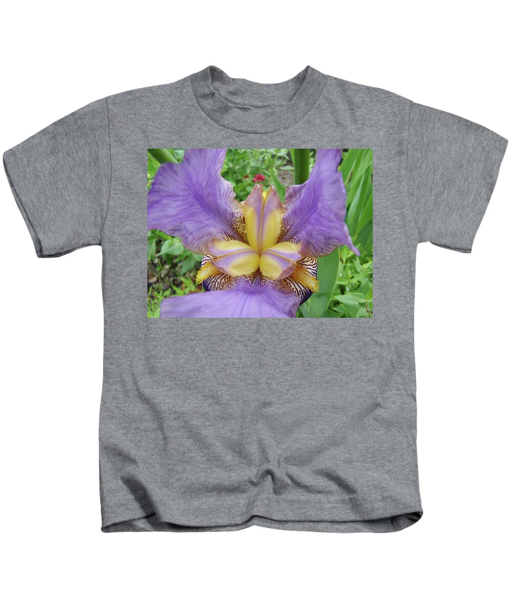 �irises Artwork� Kids T-Shirt featuring the photograph Iris Flower Lavender Purple Yellow Irises Garden 19 Art Prints Baslee Troutman by Patti Baslee