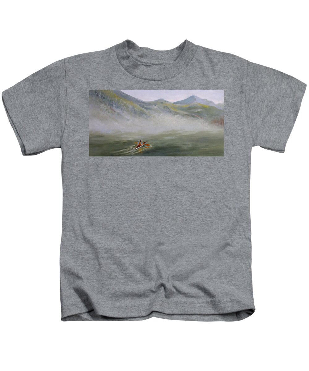 Landscape Kids T-Shirt featuring the painting Kayaking Through the Fog by Jo Smoley