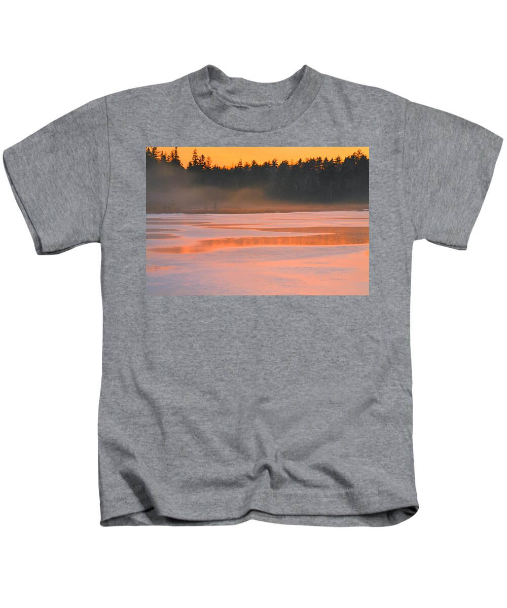 Winter Landscape Kids T-Shirt featuring the photograph Lake Mist At Sunset #1 by Irwin Barrett