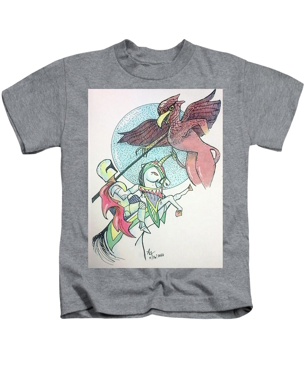 Art Kids T-Shirt featuring the drawing Lancelot and Griffin by Loretta Nash