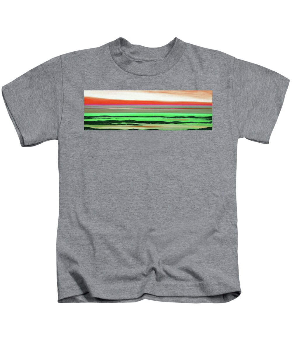 Sunset Kids T-Shirt featuring the painting Lava Rock Abstract Panoramic Sunset in Red and Green by Gina De Gorna