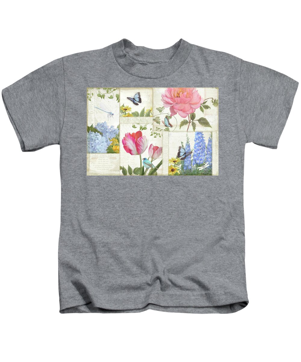 Collage Kids T-Shirt featuring the painting Le Petit Jardin - Collage Garden Floral w Butterflies, Dragonflies and Birds by Audrey Jeanne Roberts