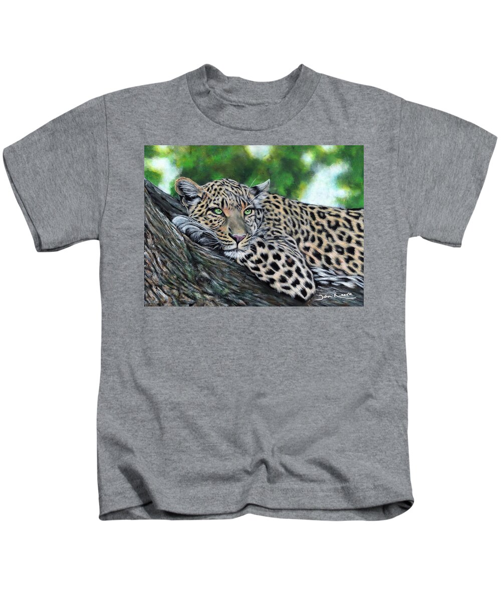 Leopard Kids T-Shirt featuring the painting Leopard on Branch by John Neeve