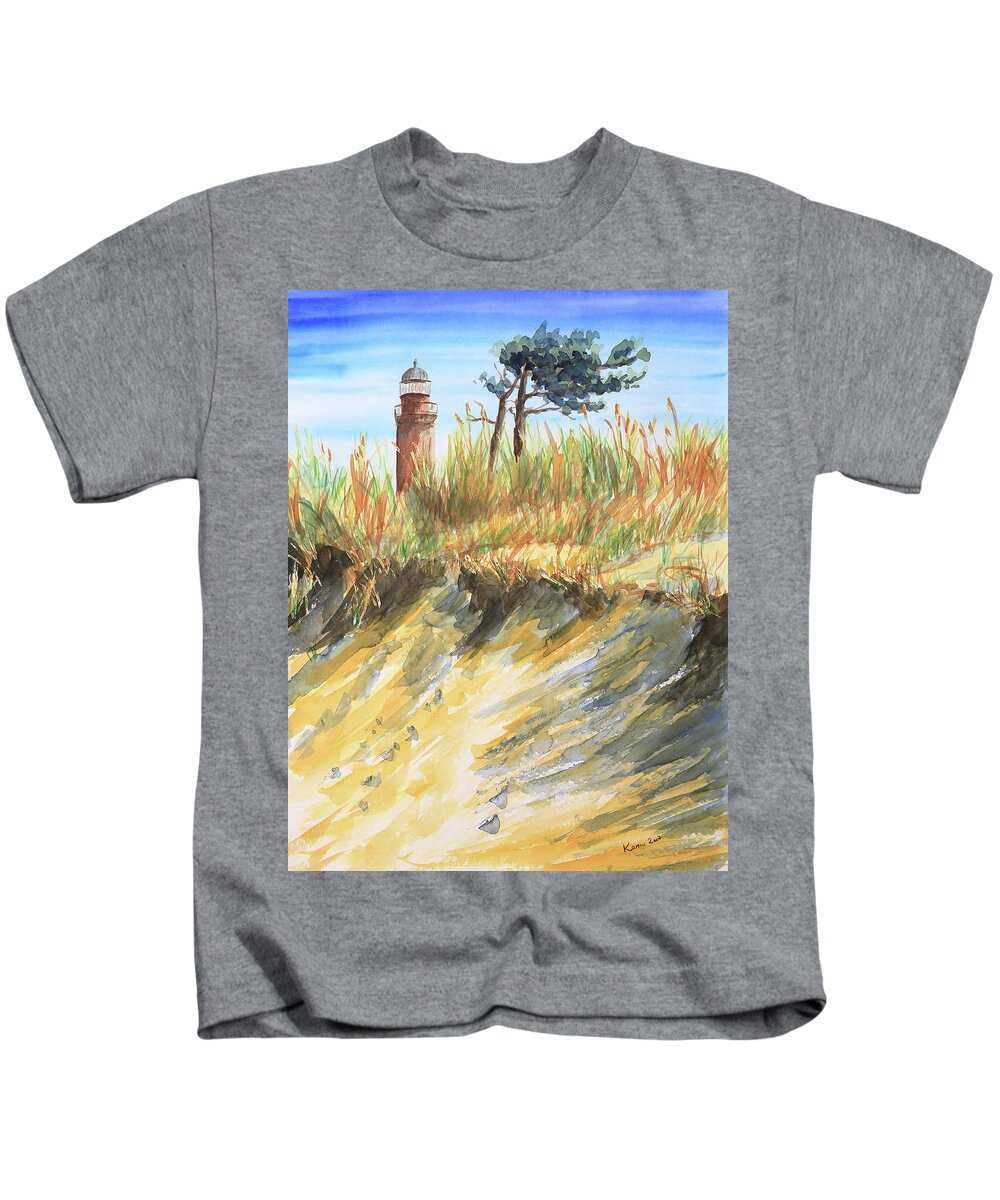 Lighthouse Kids T-Shirt featuring the painting Lighthouse at the beach by Karen Kaspar