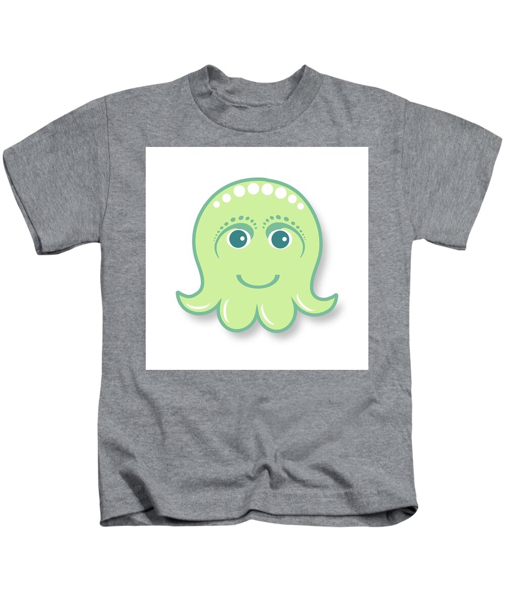 Little Octopus Kids T-Shirt featuring the digital art Little cute green octopus by Ainnion