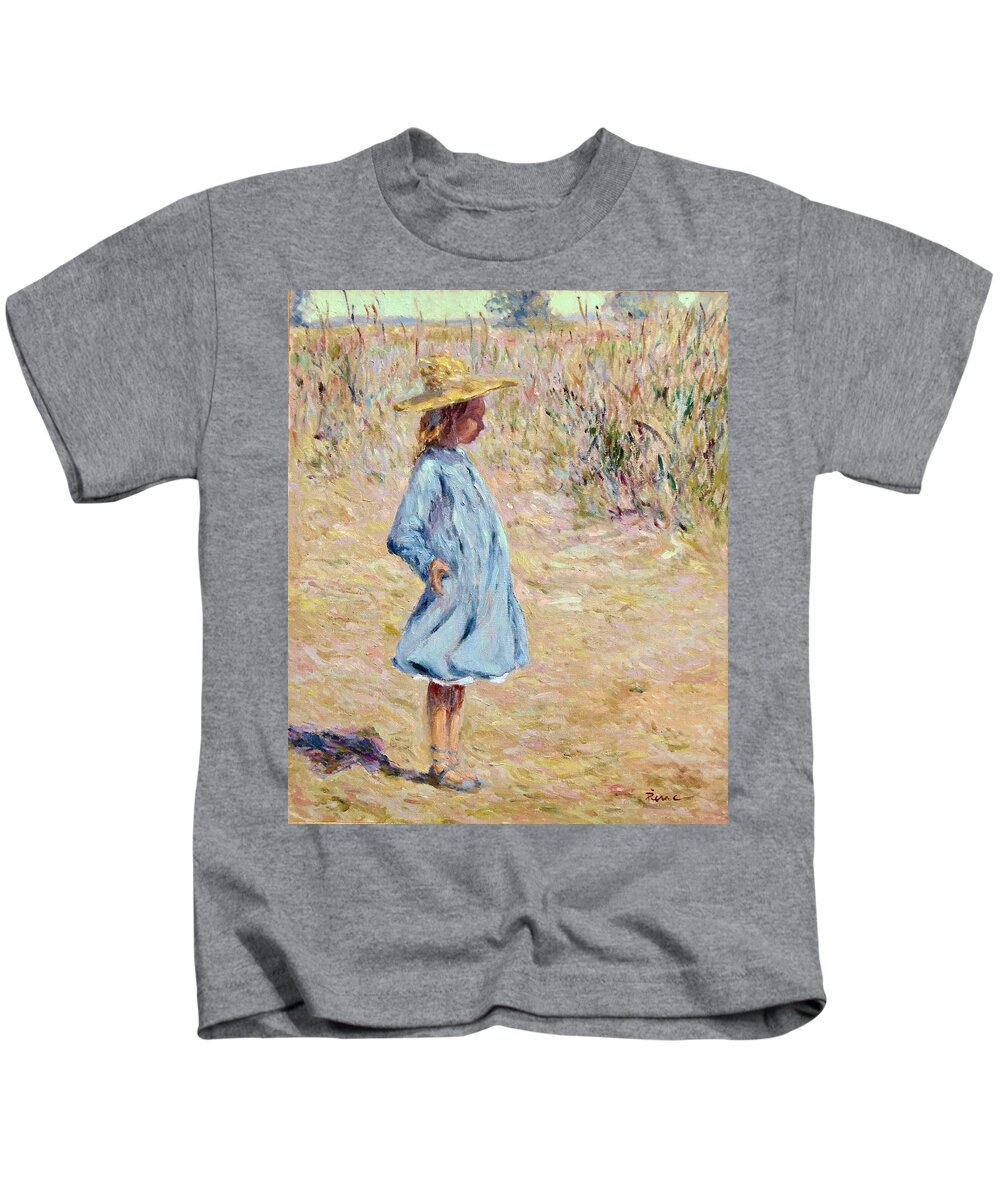 Girl Kids T-Shirt featuring the painting Little Girl with blue dress by Pierre Dijk